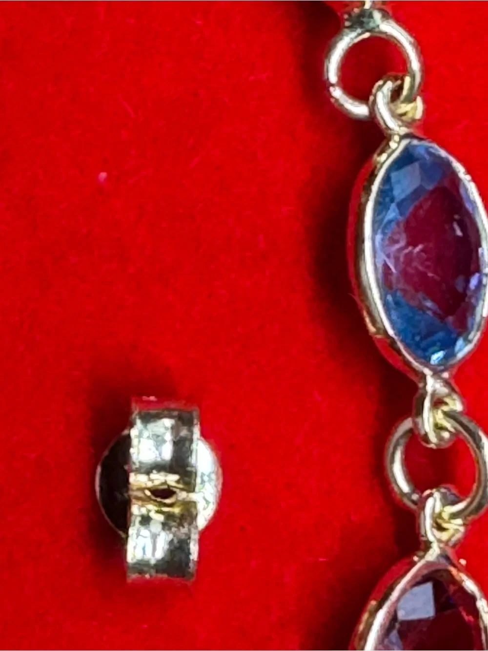 14k Gold Multistone Drop Earrings with Blue, Red and Purple Gemstones
